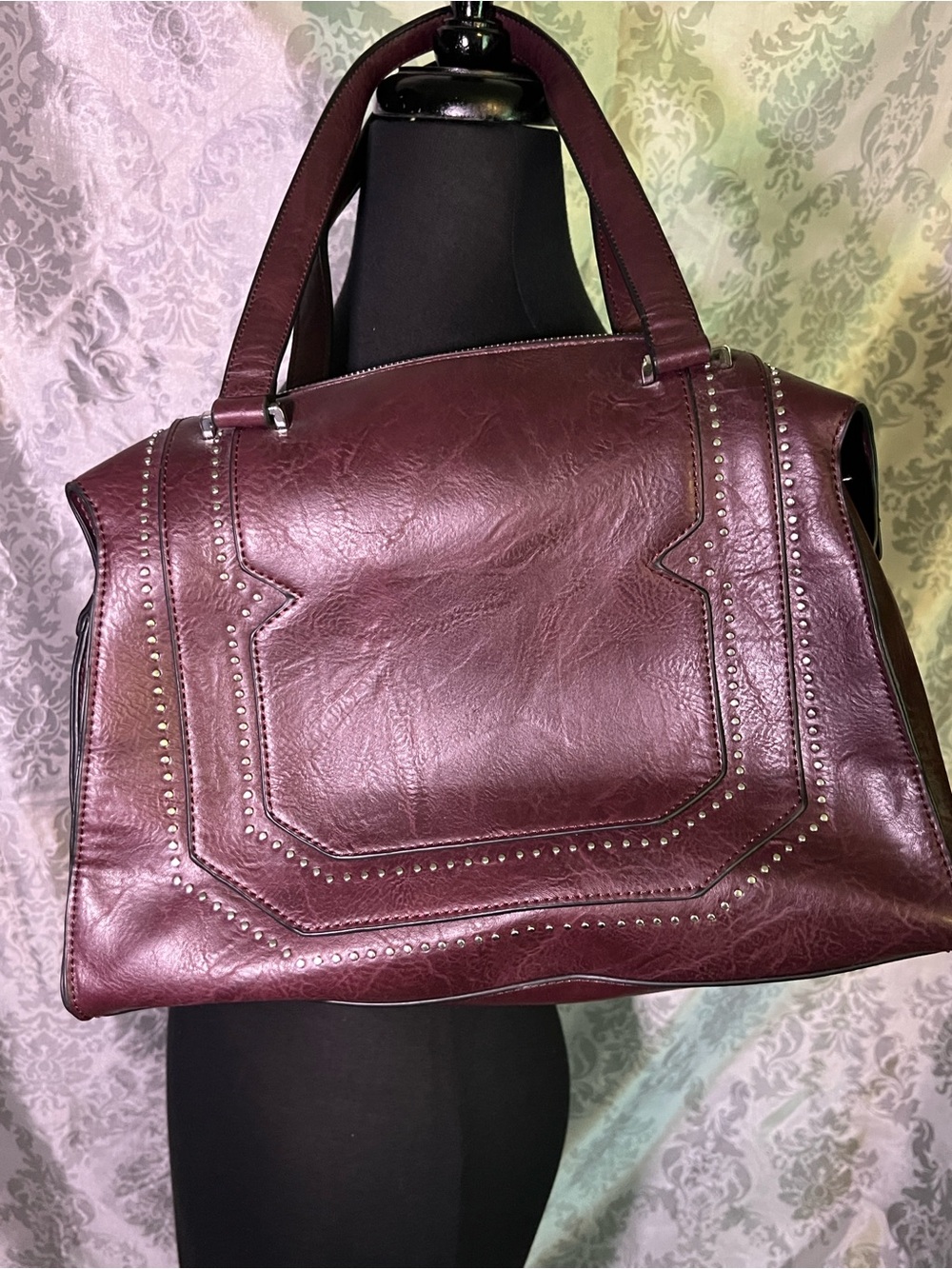 BCBGeneration Burgundy Hannah Satchel/Tote with Stud-trim